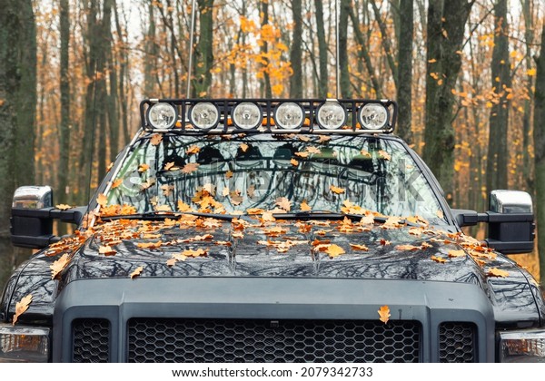 Close-up detail view of custom made roof rack bar\
with extra headlight mounted on roof of heavy duty pick up suv car\
against foggy autumn forest. Fallen leaves vehicle windshield. Fall\
weather drive