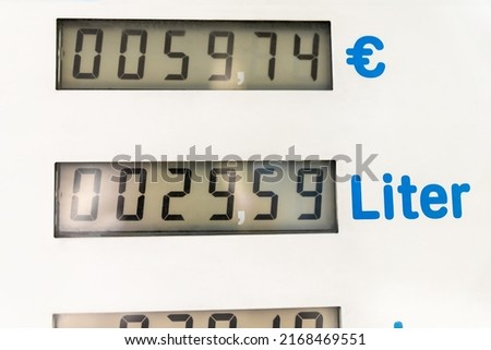 Close-up detail view of fuel pump digital display showing high rising super and diesel gasoline petrol price at gas refueling station in EU country. Energy cost raised expenses due war crisis Europe