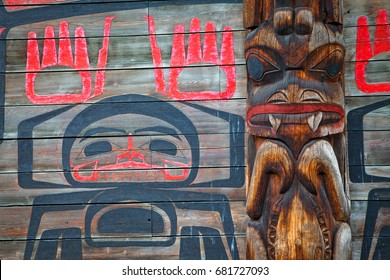 A Closeup Detail View Of A Long House In The Historic Native Village Of Ksan In Northern British Columbia, Canada