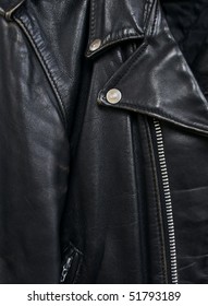 Closeup Detail Of Vintage Black Leather Biker Jacket