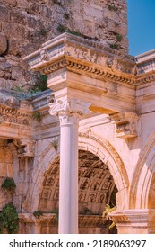 Close-up Details Of A Famous Gate Or Hadrian's Arch In Antalya. Travel Landmarks And Restoration Of Heritage Site In Turkey.