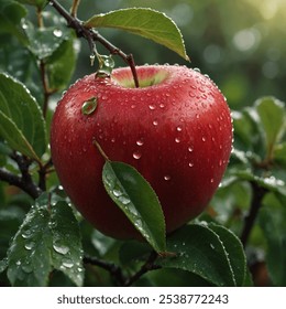 Close-Up of a Dew-Kissed Red Apple with Leaf: A fresh, shiny red apple with a single green leaf attached, covered in morning dew droplets, set against a softly blurred garden background. - Powered by Shutterstock