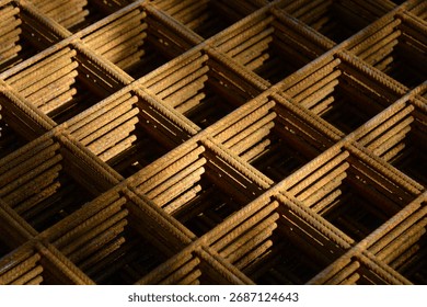  A close-up, diagonal view highlights the rusty, stacked layers of welded wire mesh (rebar grid) used for concrete reinforcement, creating a repeating geometric pattern with deep shadows