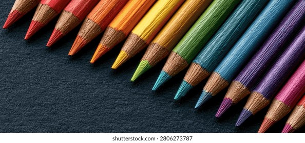 A close-up, diagonal view of a spectrum of colored pencils arranged neatly on a dark, textured background, showcasing their sharp tips and vivid hues.