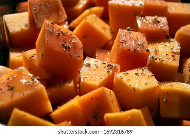 Close-up Of Diced Butternut For Roasting