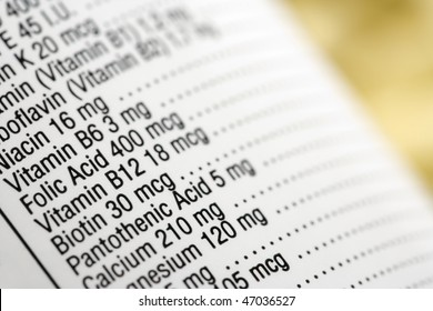 Closeup Of A Dietary Supplement Label Listing The Vitamins Contained Within Each Tablet. Horizontal Shot.