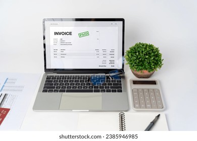 Close-up difference invoices and bills, document and paperwork. Digital Tax E Invoice Online Software On Laptop Screen. Online Electronic Bill Management