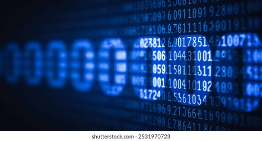 Close-up digital display technology screen with white numbers on blue background, concept of data analysis, cybersecurity, computer programming, and modern information technology
