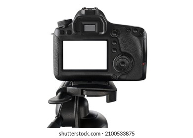Close-up Of Digital Professional Camera With Blank Screen Standing On Tripod Isolated On White Background. Copy Space. Vlogging, Streaming, Social Media Content. Content Creating
