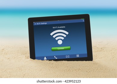 Close-up Of A Digital Tablet With WiFi Availability At Beach - Powered by Shutterstock