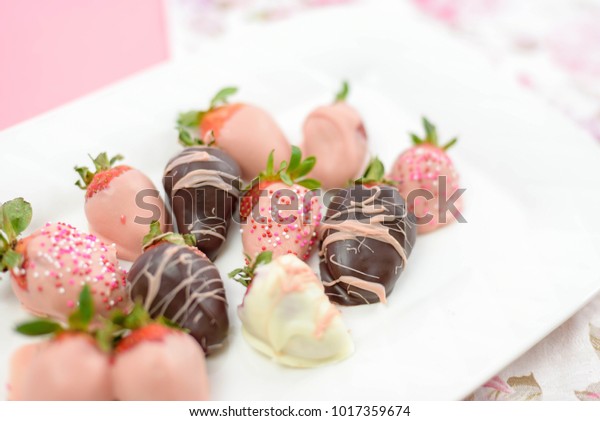 Closeup Dipped Chocolate Covered Strawberries Decorated Stock