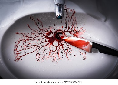 Closeup Of Dirty Bathroom Sink With Blood Splatter And Knife