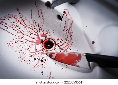 Closeup Of Dirty Bathroom Sink With Blood Splatter And Knife