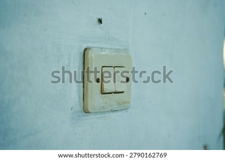 Close-up of a dirty double wall switch toggle with a fly insect on the textured wall, concept of unhygienic house conditions or pest control