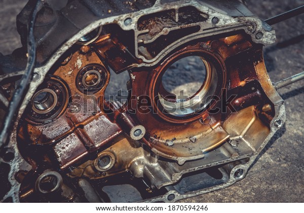 Close-up of\
dirty motorcycle engines or\
maintenance
