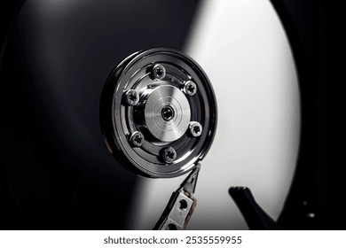 Close-up of disassembled computer hard disk drive