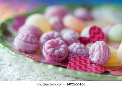 Closeup Of A Dish Of Hard Candy Sweets.