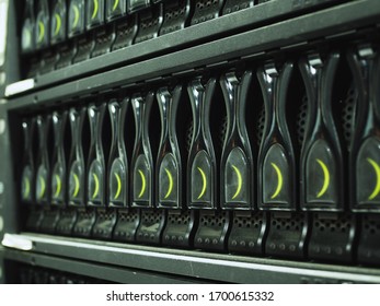 Close-up Disk Storage Blades In Mainframe Server Room