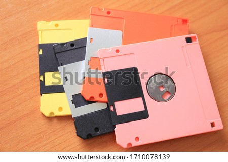Close-up Diskette for old computer arranged in a line selective focus and shallow depth of field
