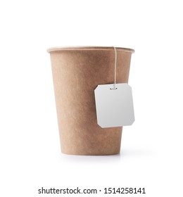 Close-up Of Disposable Take-out Mockup Brown Paper Cup With Tea Bag Isolated On White Background