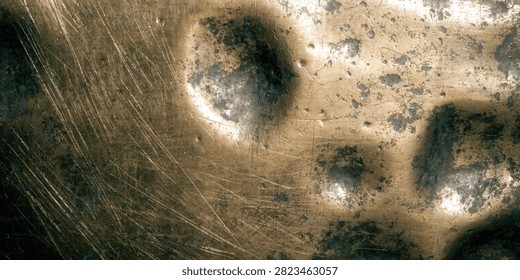 Close-up of distressed metallic texture featuring impact marks and linear abrasions. Useful for industrial design concepts or historical narratives.