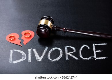 Close-up Of Divorce Concept With Wedding Ring And Gavel