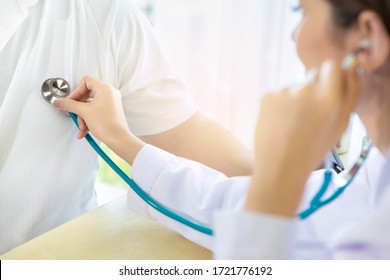 Close-up Of Doctor Check Body By Stethoscope At A Hospital