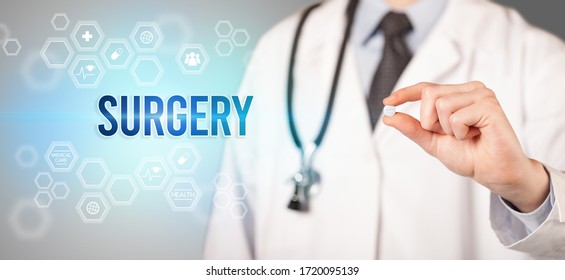 Close-up Of A Doctor Giving You A Pill With SURGERY Inscription, Medical Concept