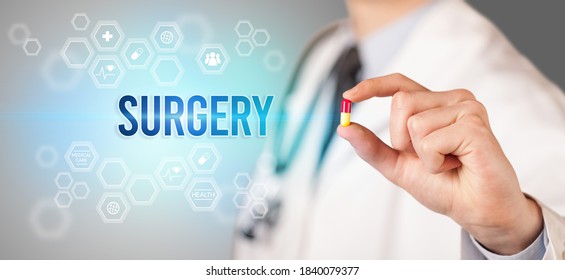 Close-up Of A Doctor Giving You A Pill With SURGERY Inscription, Medical Concept