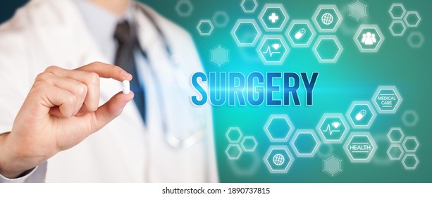 Close-up Of A Doctor Giving You A Pill With SURGERY Inscription, Medical Concept