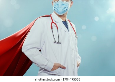 Closeup Doctor With Mask And Cape Hero, Fight Against Coronavirus Pandemic Concept .