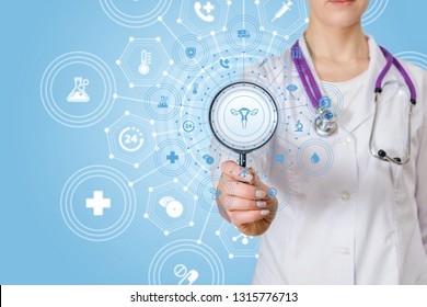 A closeup of a doctor with stethoscope holding a magnifier with a uterus image in the middle and total gynecology structure system around. The concept of gynecology as separate medicine unit. - Shutterstock ID 1315776713