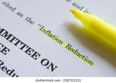 Closeup of the documents of the Inflation Reduction Act of 2022. The Unites States Senate passed the Inflation Reduction Act, the climate, tax and healthcare legislation, on Sunday, August 7, 2022. - Shutterstock ID 2187551151