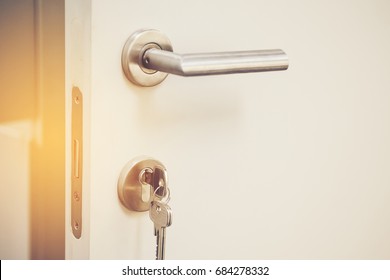 closeup Door lock keys, Real estate concept door handle, Key insert and hold in metallic knob on white door horizontal