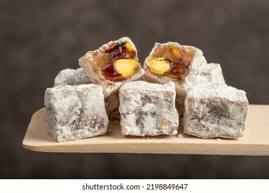 Close-up double roasted traditional delicious sweet treat turkish delight with hazelnuts - Shutterstock ID 2198849647