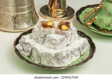 Close-up double roasted traditional delicious sweet treat turkish delight with hazelnuts - Shutterstock ID 2199317559