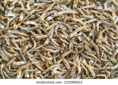 Close-up Of Dried Anchovies. Seafood In The Market.