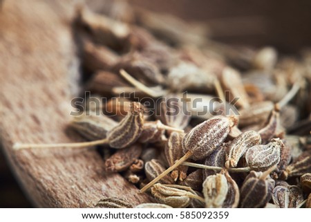 Close-up of dried anise seed (aniseed) in wooden bowl