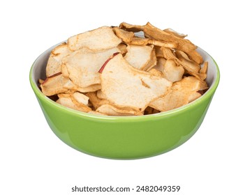 Closeup of dried apple slices in green bowl isolated on a white background. Healthy crispy snack in round porcelain dish full of delicious sweet and sour homemade fruit chips. Natural vegetarian food. - Powered by Shutterstock