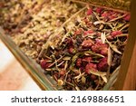 Close-up of dried fruit and berry tea leaves, teashop concept.Copyspace for text.
