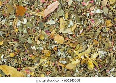 Closeup Of Dried Fruity Herbal Tea With Lemon Balm, Rose Petal, Marigold, Cornflower, Blackberry, Lemongrass Leaves With Antioxidant Benefit. Good For Evening, After Work 
