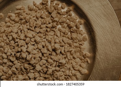 Closeup Of Dried Raw Soya Mince In Wooden Bowl