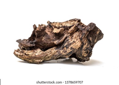 Closeup Of Driftwood Isolated White Background. Old Wood For Aquarium Decor And Bonsai Tree.