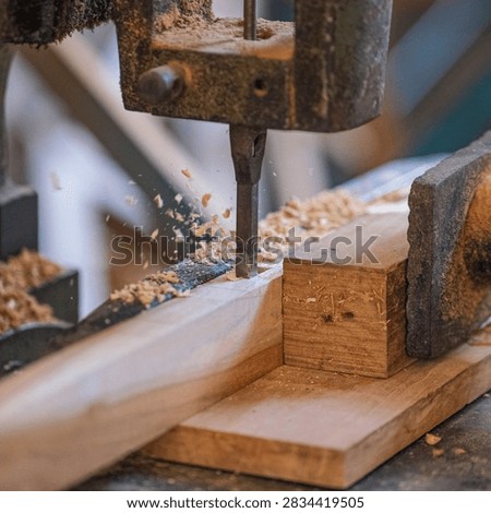 Close-up of a drilling machine creating a precise hole in a natural wooden furniture frame, showing craftsmanship and the furniture construction process in a woodworking workshop.