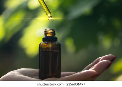 Close-up of drop dispensing biological and organic herbal pharmaceutical plant oil into jar, macro.