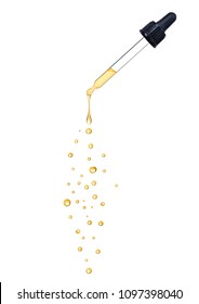 Close-up of dropper with falling drops isolated on white background 