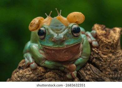 Close-up of a dumpy white tree frog, litoria caerulea, with snails on its head, showcasing nature's unique interactions in a vivid green background.