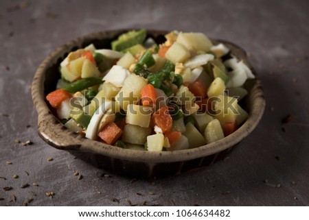 closeup of an earthenware bowl with menestra, spanish cooked mixed vegetables, on a rustic gray table