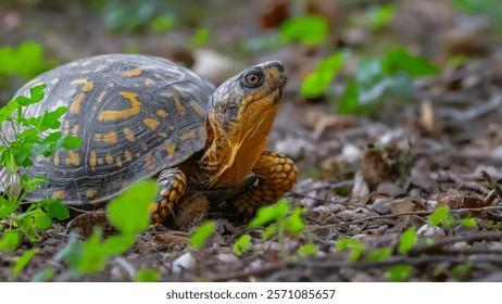A close-up of an Eastern box turtle (Terrapene carolina carolina) in its natural forest habitat, surrounded by green foliage and earthy tones.