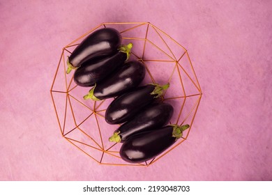 Closeup Of Eggplants In An Iron  Bowl